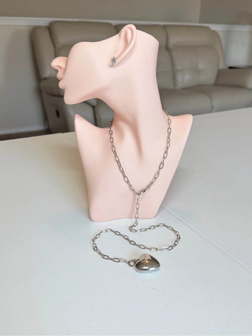 Silver Heart Pendant Long Chain Necklace